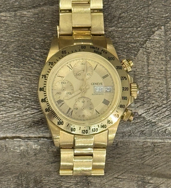 Montre homme chronographe automatique Genève 18 carats avec date et bracelet 18 carats - 137 grammes – Image 11