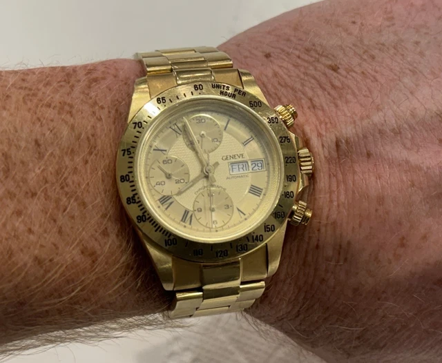 Montre homme chronographe automatique Genève 18 carats avec date et bracelet 18 carats - 137 grammes