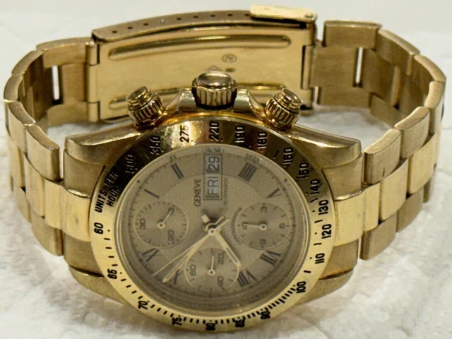Montre homme chronographe automatique Genève 18 carats avec date et bracelet 18 carats - 137 grammes – Image 9