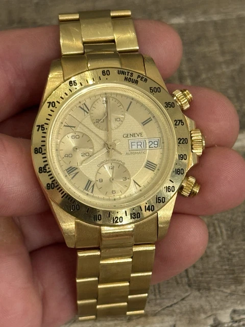 Montre homme chronographe automatique Genève 18 carats avec date et bracelet 18 carats - 137 grammes – Image 8