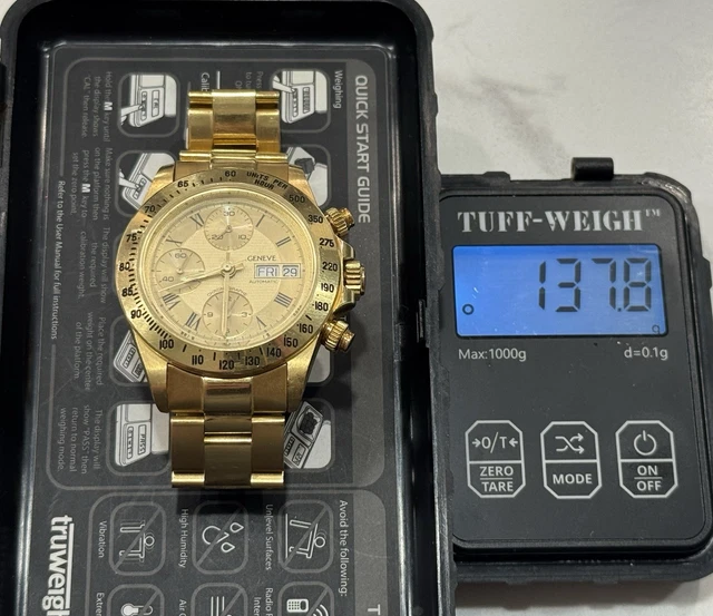 Montre homme chronographe automatique Genève 18 carats avec date et bracelet 18 carats - 137 grammes