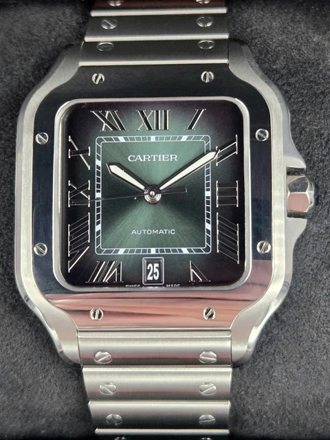 Montre Cartier Santos 2025, grand cadran vert, WSSA0062, bracelet acier/cuir, coffret complet – Image 15