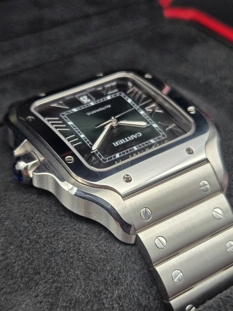 Montre Cartier Santos 2025, grand cadran vert, WSSA0062, bracelet acier/cuir, coffret complet – Image 7