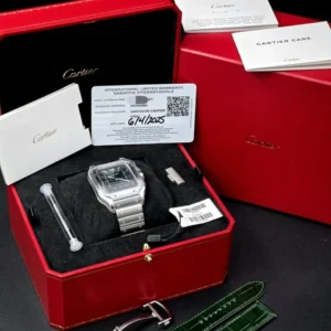 Montre Cartier Santos 2025, grand cadran vert, WSSA0062, bracelet acier/cuir, coffret complet