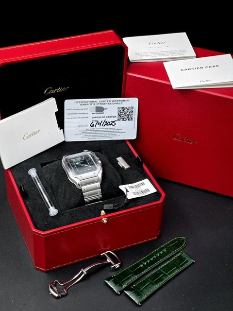 Montre Cartier Santos 2025, grand cadran vert, WSSA0062, bracelet acier/cuir, coffret complet