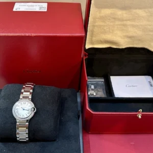 Montre Cartier Ballon Bleu QTZ 28 mm pour femme avec lunette sertie de diamants - Coffret complet