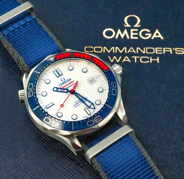 RARE OMEGA Bond Seamaster Diver 300M Commander's Watch/Blanc/Bleu/Rouge/ Bracelet – Image 11