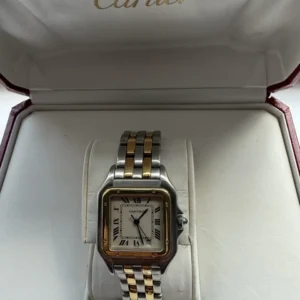 Montre unisexe vintage Panthère de Cartier 27 mm en acier et or à deux rangs, avec boîte et papiers